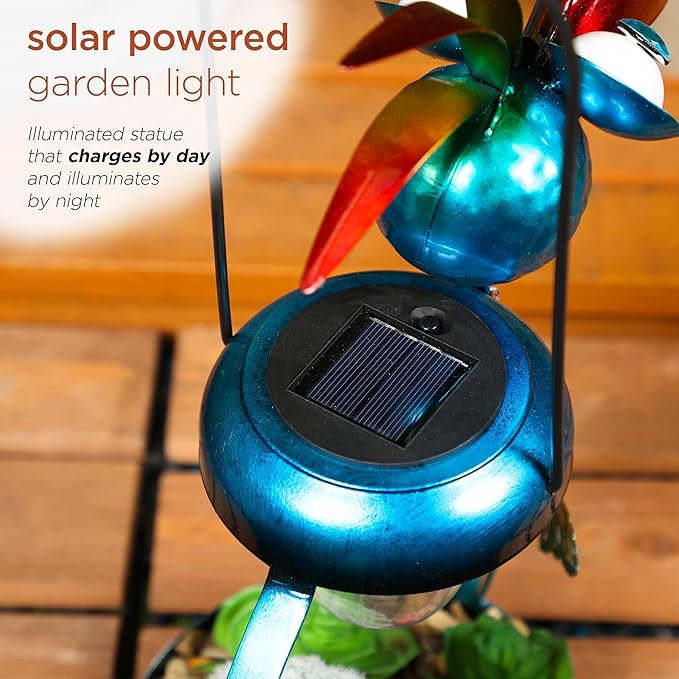 Alpine Corporation LYT290SLR-HH Solar-Powered Metal Flamingo with Garden Enclosed LED Light, Solar Patio Decor, 16''H, Blue