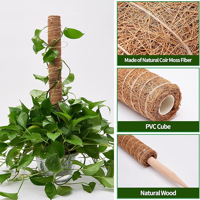 6 Pcs Moss Pole Extending to 68 Inches for Plants Monstera, Plant Support Stakes for Indoor Climbing Plants Grow Upwards, with 65ft Twist Ties, 13ft Jute Rope, 6.5ft Hook-and-Loop Strip