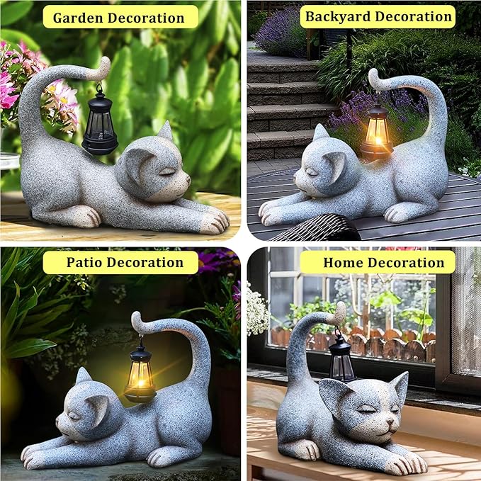 Choies Solar Cat Garden Statue Outdoor Decor,Cat Garden Sculpture for Outside,Cats Figurines Gifts for Women,Mom,Cat Outdoor Decoration for Home,Garden,Patio,Yard