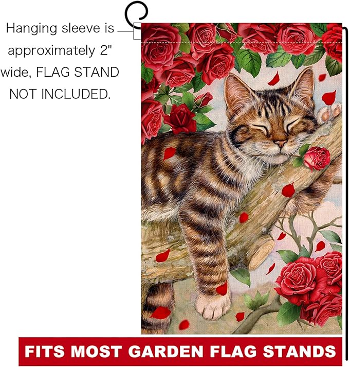 BLKWHT Valentines Cat Garden Flag 12x18 Vertical Double Sided Red Roses Spring Farmhouse Holiday Outside Decorations Burlap Yard Flag BW757
