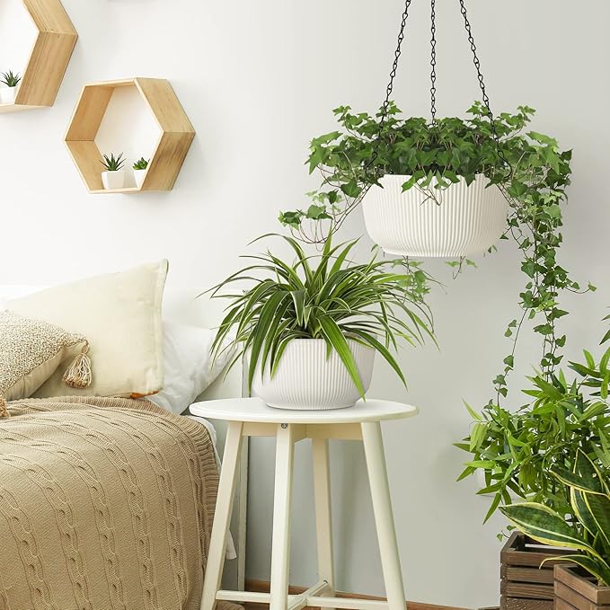 T4U Hanging Planter Self Watering 8 Inch, 2 Pack White Indoor Outdoor Hanging Plant pots, Hanging Flower Pot with Drainage Hole & Plug & Chain with 3 Hooks for Garden Home Decor