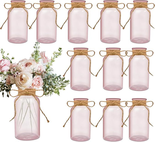 Vintage Glass Flower Vase，12 Pack Pink Farmhouse Glass Centerpiece Vases Mason Jars for Weddings, Parties & Home Decor Bulk (12, Pink)