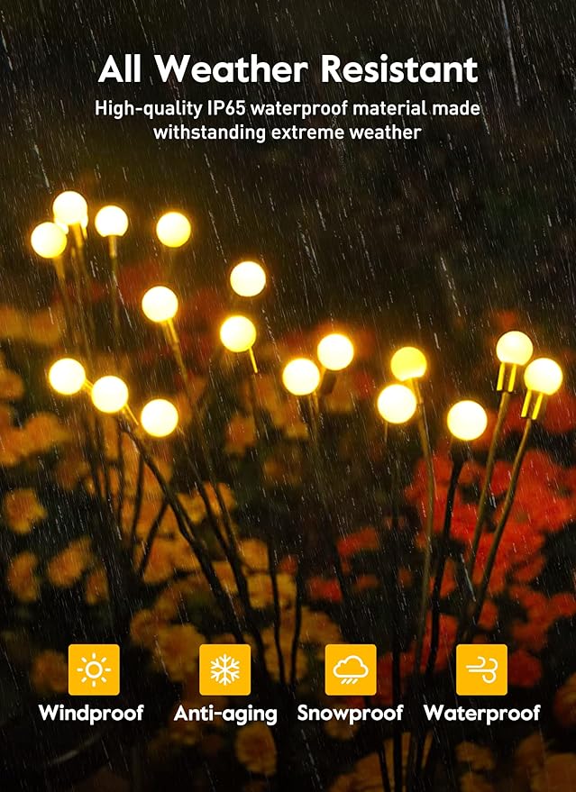 Solar Garden Lights - 4 Pack 48 LED Firefly Lights with 2 Lighting Modes, Sway by Wind, Waterproof Outdoor Decoration, Warm White