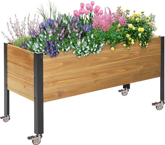 Wood Rectangular Garden Planter Box with Wheel Raised Garden Bed Outdoor,Planters for Outdoor Plants 37 * 13 * 15 Elevated Planter Box for Herbs Vegetables Flowers Outdoor Patio Deck Balcony