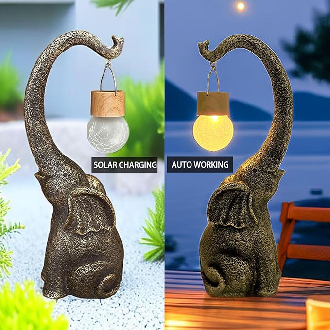 Elephant Statue Solar Garden Decor with Glass Ball Lights,Outdoor Elephant Decor for Birthday Gifts Women, Garden, Patio, Yard, Lawn