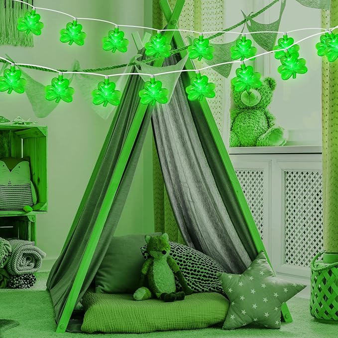 8.5FT Clear Green Shamrock Lights, St Patricks String Lights Outdoor Waterproof with 10 LED Light for rish Shamrock St Patrick's Day Party Indoor Home Garden Decorations