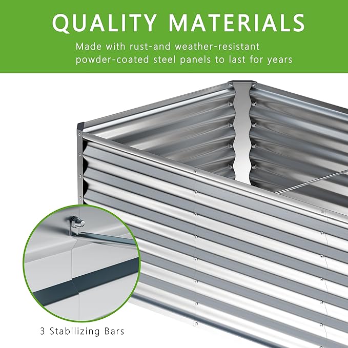 12x2x1FT Galvanized Raised Garden Bed,Planter Raised Beds-Metal Garden Box,Large Plant for Outdoor Planting, Vegetables Bed,Flower,Herb-Sliver