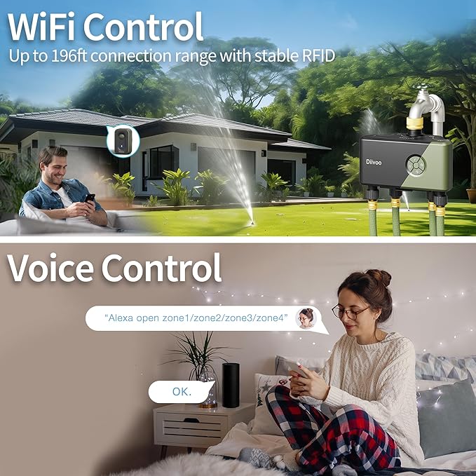 Diivoo WiFi Water Timer 4 Outlets with Brass Inlet, Smart Sprinkler/Hose/Tap Timer Compatible with Alexa & 24 Irrigation Plans & Rain Delay, Garden Watering Systems Controller with 2 Watering Modes