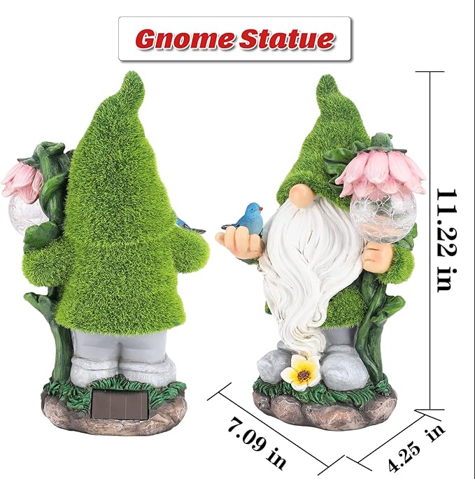 Garden Gnome Statue - Funny Gnome Decoration Hold Flower with Solar Crackle Glass Globe Lights, Resin Gnome Figurine Ornament for Patio Yard Lawn Porch Outdoor Decor