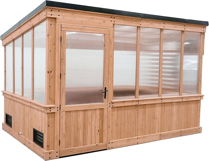 Backyard Discovery Zalie 11' x 7' Cedar Wood and Polycarbonate Walk-in Greenhouse Kit with Exhaust Fan, Windows, Hose Hook-Ups, PowerPort, Staging Shelves for Year-Round Outdoor Gardening