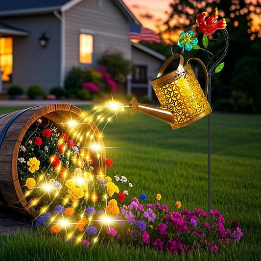 Solar Metal Watering Can with Cardinal Shepherd Hook and Cascading Lights - Outdoor Solar Lantern for Garden, Yard, Patio - Christmas Decor and Gardening Gifts for Women