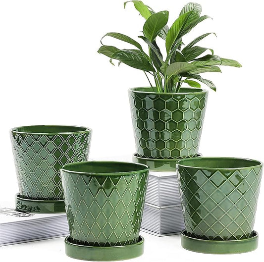 Plant Pots Indoor –5 inch Ceramic Flower Pot with Drainage Hole and Ceramic Tray - Gardening Home Desktop Office Windowsill Decoration Gift, Set of 4-Plants NOT Included (Patina)