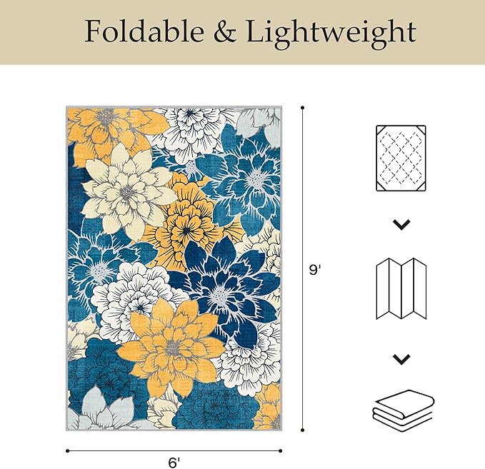 GENIMO Indoor Outdoor Area Rug 6' X 9' Waterproof, Washable Patio Rug Non Shedding, Easy Cleaning Floral Outdoor Carpet for Living Room, Bedroom, Dining Room, Balcony, Backyard, Deck, RV, Blue