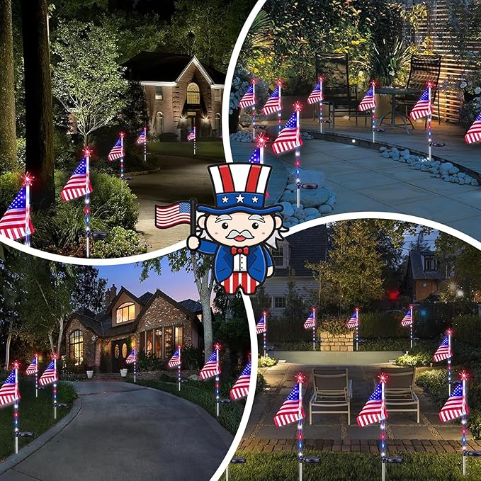 4th of July Decorations Outdoor Solar Lights, 2 Pack Red White and Blue Star Lights for National Day with American Flag, 2 Modes Waterproof Solar Patriotic Light for Independence Memory Day Yard Path