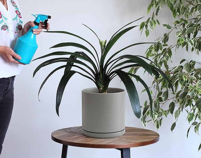 D'vine Dev 10 Inch Ceramic Planter Pot with Drainage Hole and Saucer, Indoor Cylinder Round Planter Pot, Grey, 94-O-E-3