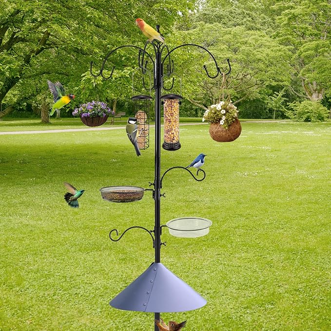 Bird Feeding Station Kit with Squirrel Baffle Bird Feeder Pole with Suet Cage Mesh Tray Fruit Hook Double W Hook for Attracting Wild Birds and Hanging Planter Hanger Lights