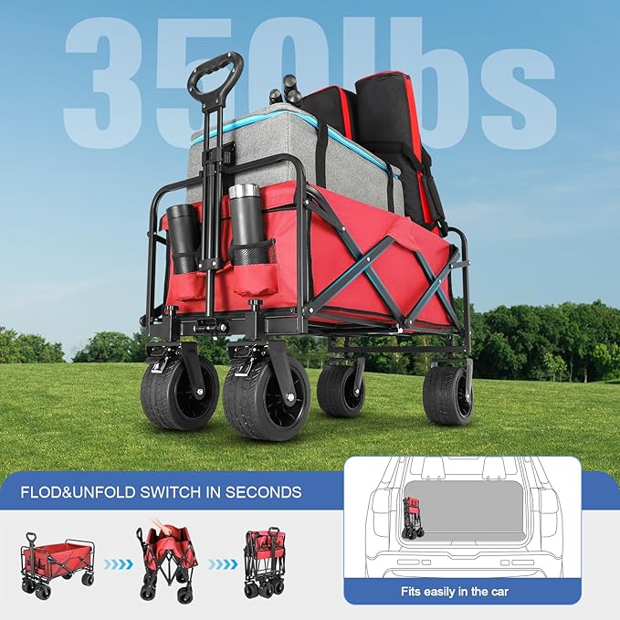Beach Wagon with Big Wheels for Sand,Collapsible Folding All Terrain Utility Wagons Carts Foldable with Brakes for Sand Camping Sports Outdoor.
