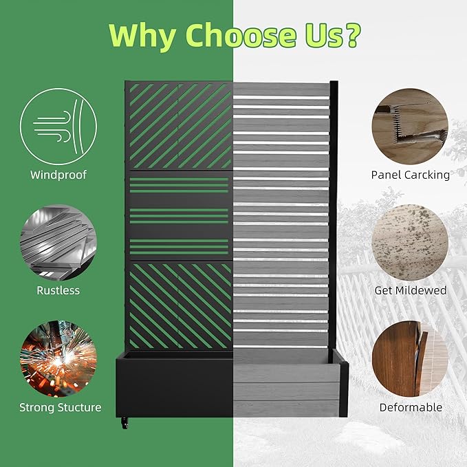 Casaphoria Metal Raised Garden Bed with Trellis and Wheels, 72"x47"x16" Planter Box for Climbing Plants, Vegetables & Vines, Features Drainage Holes and Privacy Screen, Black(Parallel&Harold)