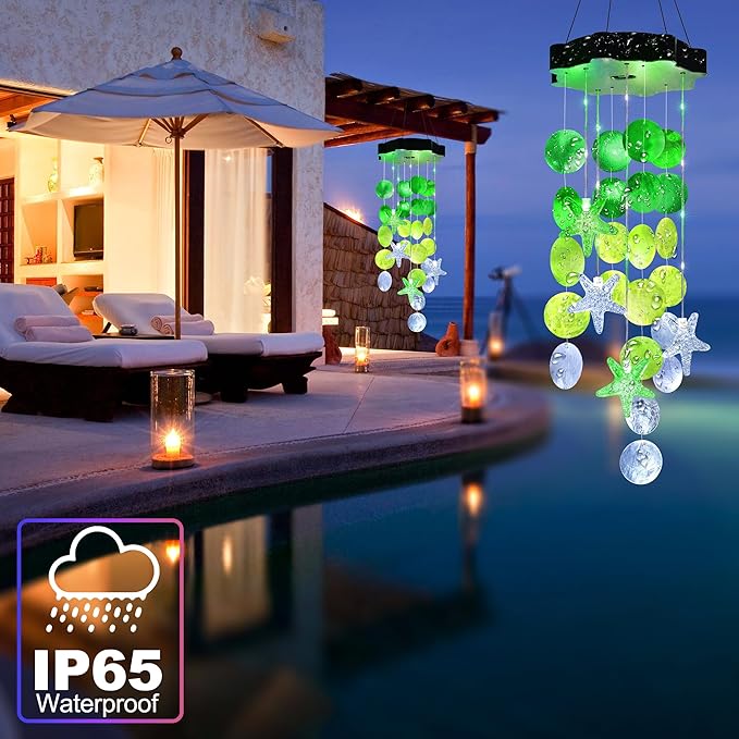 Solar Wind Chimes for Outside, White & Green Shell Gifts for Mom Grandma Women, Waterproof Solar Outdoor Decorative Mobile Lights for Garden, Yard, Patio, Window, Party, Outdoor Decorations