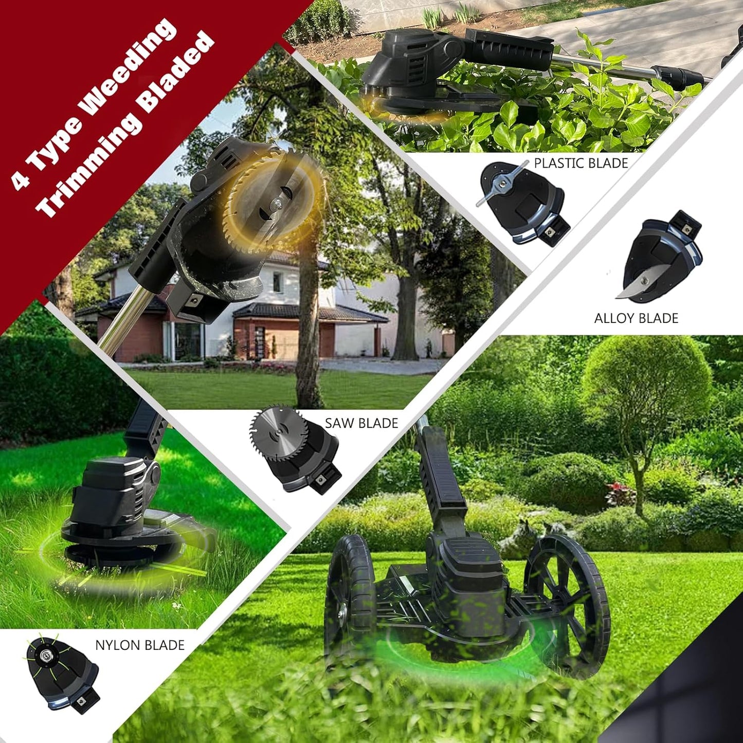 Electric Weed Wacker Eater Cordless Battery Powered, Weed Trimmer 21V Lightweight No-String with 2 Battery Operated & Wheels, 3 in 1 Stringless Grass Trimmer/Edger/Brush Cutter for Garden Yard Lawn