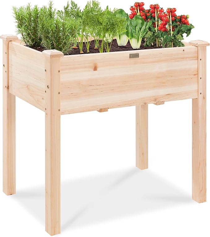 Best Choice Products 34x18x30in Raised Garden Bed, Elevated Wood Planter Box Stand for Kids, Backyard, Patio, Balcony w/Bed Liner, 150lb Capacity - Natural