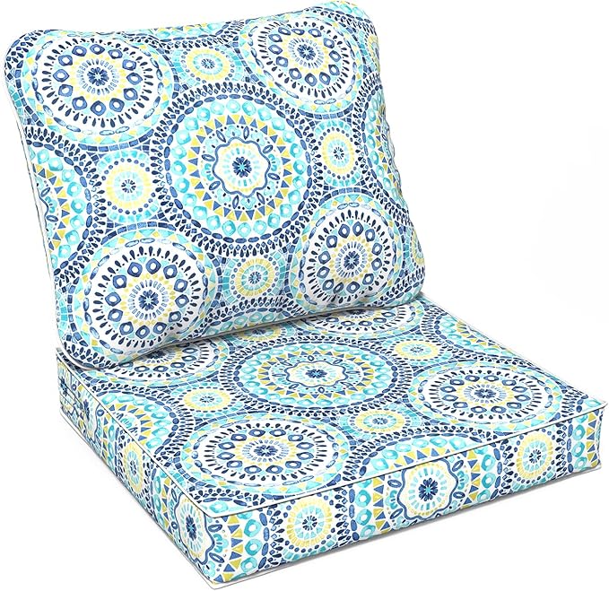 LVTXIII Outdoor Deep Seat Cushion Patio Seat and Back Cushion Set Seasonal Chair Cushion with Removable Cover and Adjustable Buckle for Home and Garden, 24"x24"x4", Delancey Lagoon