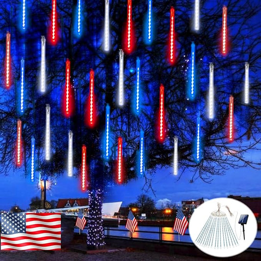 4th of July Decorations Outdoor, Red White and Blue Solar Meteor Shower Lights, 18 Tubes 432 LEDs 4th of July Lights Waterproof, Patriotic Lights String for Independence National Memorial Day Decor