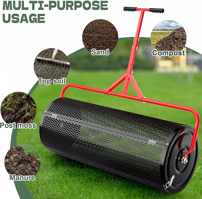Compost Peat Moss Spreader for Lawn, 36 Inch Compost Roller Spreader with Adjustable T-Shaped Handle, Upgraded Side Clasps, Durable Lightweight Metal Roller, Lawn Garden Yard Care