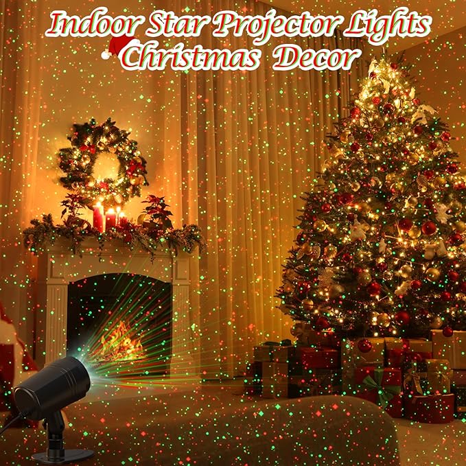 Christmas Projector Lights Outdoor, Firefly Show Decorations, Red and Green Stars Holiday Lights, Waterproof Remote Timer, Garden Indoor Wedding Home Party Gift