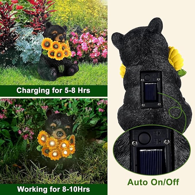 ILLUMINEW Solar Garden Lights Outdoor Statues Black Bear with Sunflowers, Sculpture Decor Mother Gifts for Women, Men or Daughter, Unique Garden Statues for Housewarming Gifts
