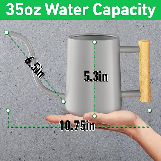 35 oz Metal Small Indoor Watering Can with Long Spout & Real Wood Handle for House Plants, Succulents, Cacti & Seedlings - Gray Long Spout Watering Can Indoor Plants - Stylish, Gentle Flow, No Spills