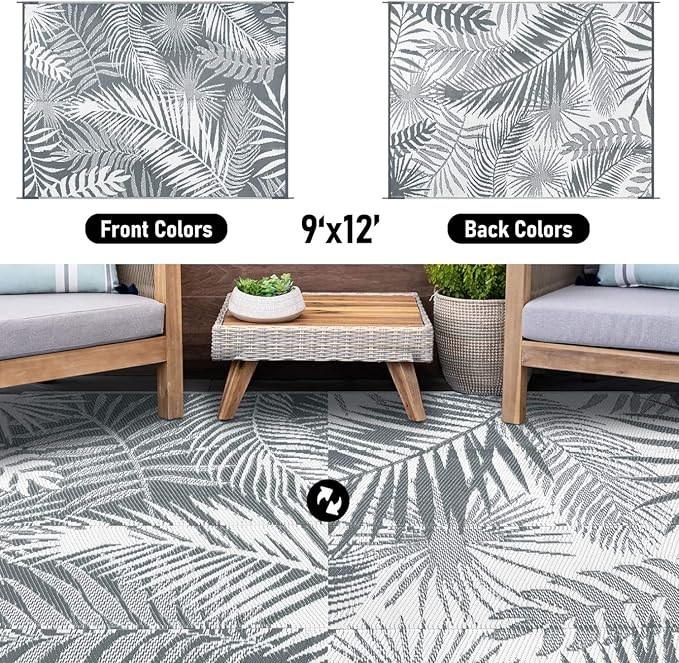 HiiARug Outdoor Reversible Plastic Straw Rug, 9'x12', Cool Gray, Large Patio Mat for RV, Backyard, Deck, Picnic, Beach, Trailer, Camping