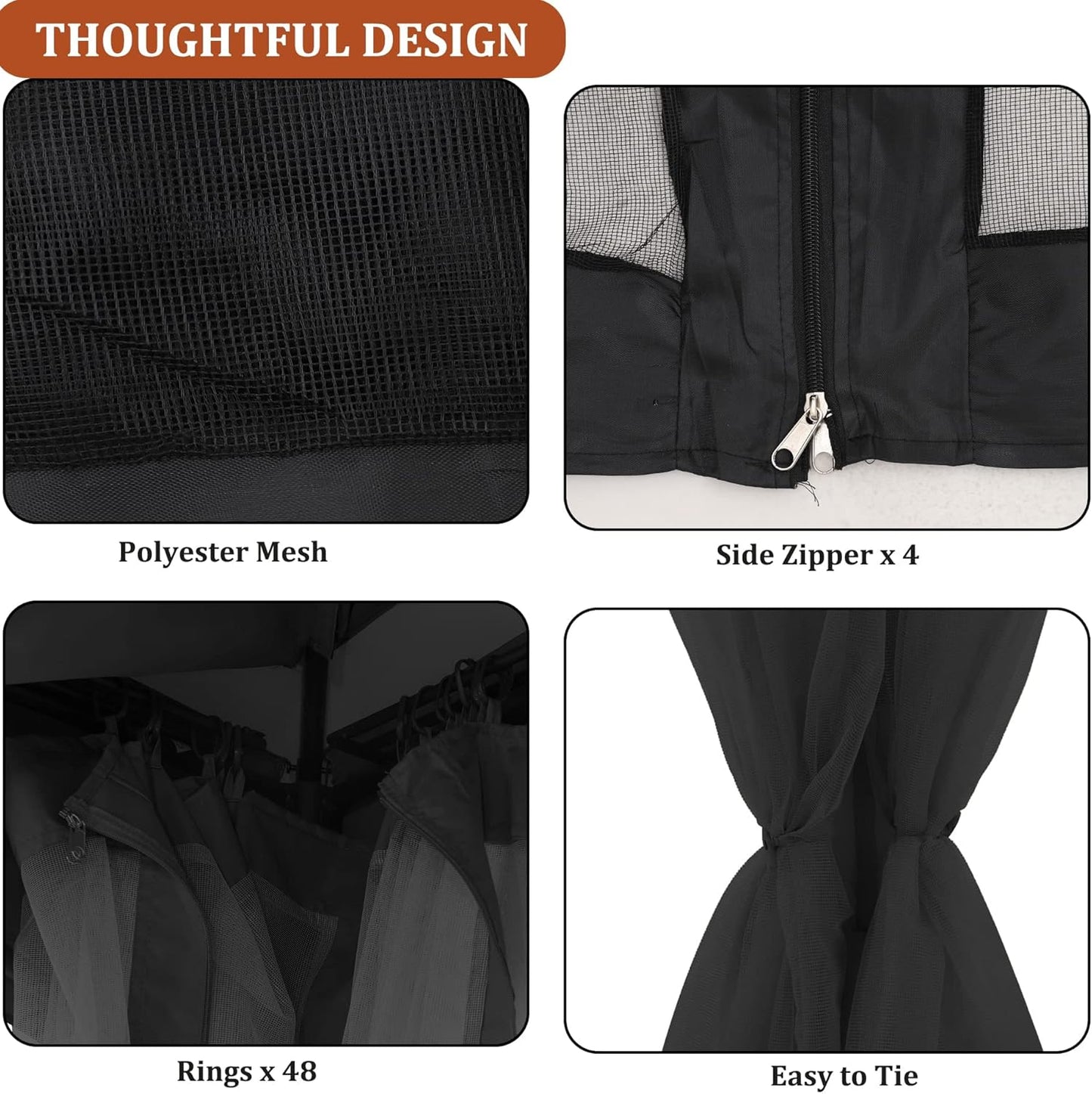 Gazebo Mosquito Netting Replacement 10' x 10' x 7'1'', Universal 4-Panel Screen Sidewall with Zipper, Black (Mosquito Net Only)