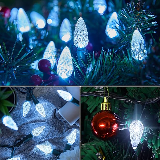 C6 LED Christmas String Lights, 20 ft 60 LED Battery Operated Faceted Strawberry Lights, Waterproof for House Roof Roofline Christmas Tree, White, 2 Pack