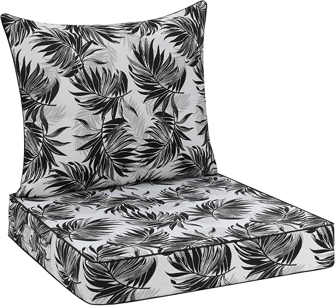 Favoyard Outdoor Seat Cushion 19 x 19 x 3 in Waterproof Pattern Fade Resistant Cover Removable Patio Furniture Cushions Deep Seat & Back Cushion Set with Adjustable Straps for Patio Chair Sofa Couch