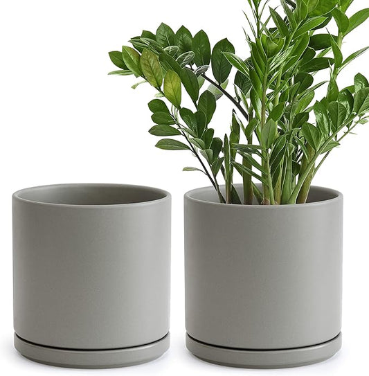 Set of 2 Plants Pots, 8 Inch Ceramic Planter Pot for Plants with Drainage Hole and Saucer, Speckled Grey, 94-V-D-3