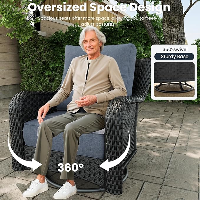 6 Pieces Outdoor Patio Furniture Sets with Rocking Swivel Chairs with 6-inch Thick Cushion and Side Table for Deck Lawn