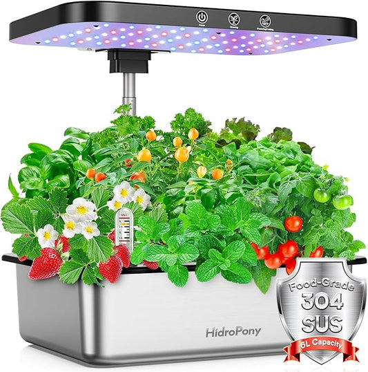 Hydroponics Growing System Herb Garden - HidroPony 15 Pods Indoor Gardening System with Grow Light, Stainless Steel Plants Germination Kit with Quiet Pump System, Gardening Gifts for Women