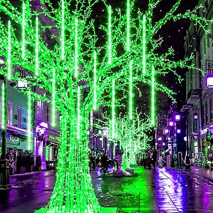 Dazzle Bright 288 LED Christmas Light, 11.8 Inch Meteor Shower Rain Lights with 8 Tubes, Waterproof Plug in Falling Rain Lights Christmas Decorations for Xmas Bushes Tree Yard Party (Green)