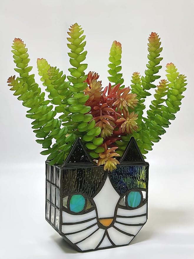 Tiffany Cute Cat Stained Glass Flower Pots,Indoor and Outdoor Plant Displays,Cat Plant Planter,Candle Holder Container Decoration 4.6 x 5.15 x 2.3 inch(11.7 x 13.1 x 5.8 CM)(Without Succulents)Black