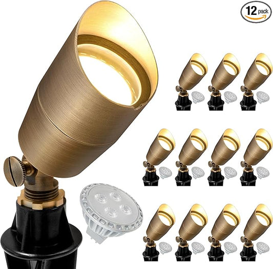 GKOLED Solid Brass Low Voltage Compact Spotlight, 12V AC/DC Waterproof Outdoor Landscape Spot Lights for House Trees Garden Yard Lawn, Up Light with 5W 2700K MR16 Bulb, Stake Included, 12 Pack