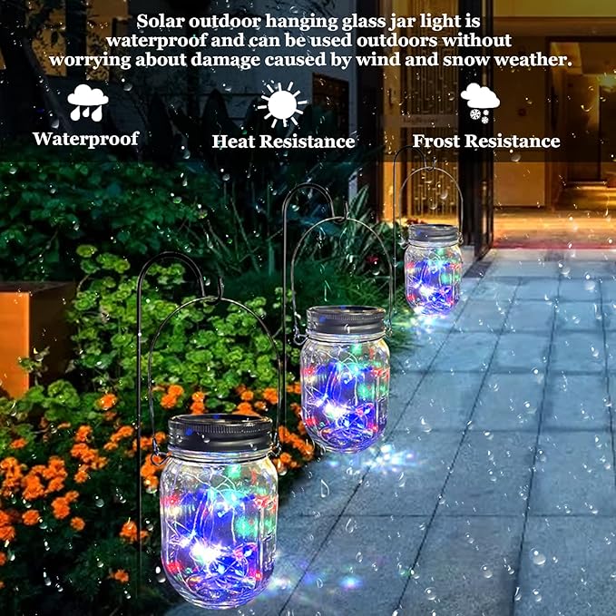 Hanging Solar Mason Jar Lights,ZQX 6 Pack 20 Led String Hanging Mason Jar Lanterns for Outdoor,Great Decor Light for Outside Patio Garden Yard Fence Wedding Table,Hangers and Jars Included（Multicolor）