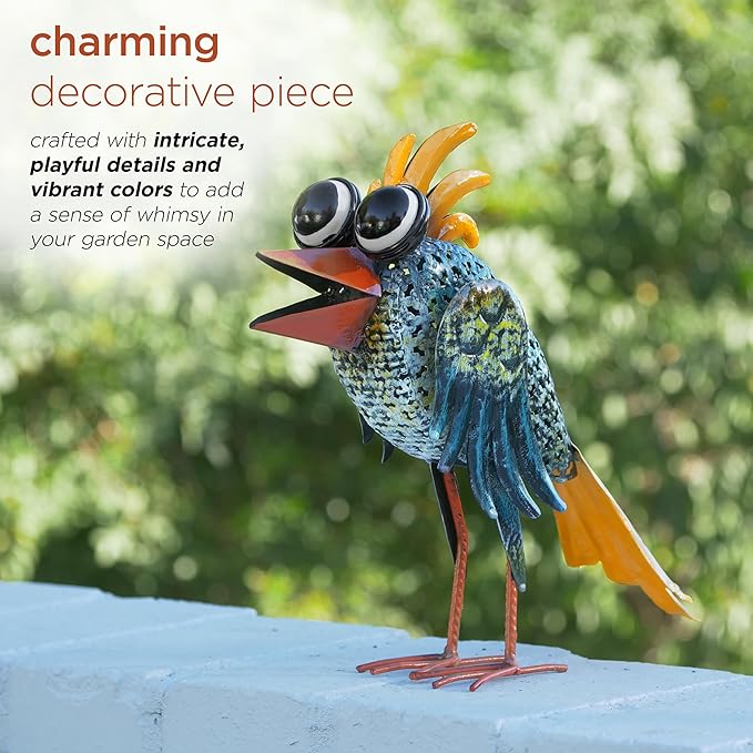Alpine Corporation 11" Tall Outdoor Metal Wide-Eyed Bird Standing Yard Statue Decoration, Multicolor