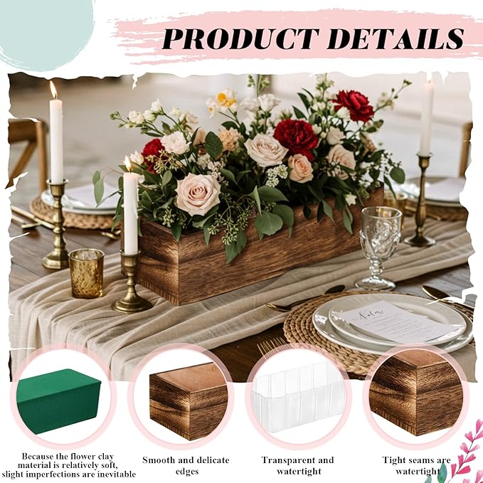 Dandat 1 Set Wood Boxes for Centerpieces Rectangle Wooden Planter Box Rustic Wood Planter with Removable Plastic Liner Floral Foam Blocks for Centerpieces Home Wedding Garden Decor (12x4 Inch)