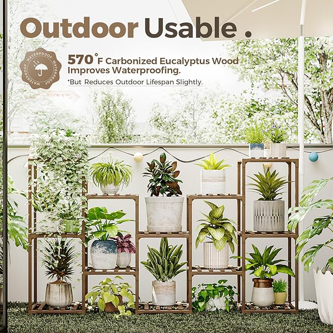 Bamworld Large Plant Shelf Outdoor Wood Plant Stand Large Rack for Living Room Patio, Balcony and Garden