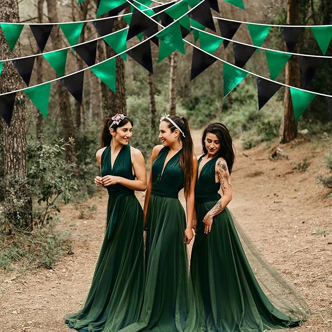 Black Green Party Decorations Metallic Fabric Triangle Pennant Banner Flag Bunting Garland for Video Game Soccer Birthday Graduations Wedding Bachelorette Halloween Outdoor Holiday Party Supplies