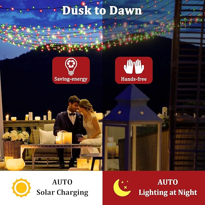 2-Pack 200FT Solar String Lights for Outside, 600 LED Extra-Bright Solar Light Outdoor with 19 Modes & Timer, Waterproof Fairy Solar Lights for Garden Patio Tree Christmas Decorations Red & Green