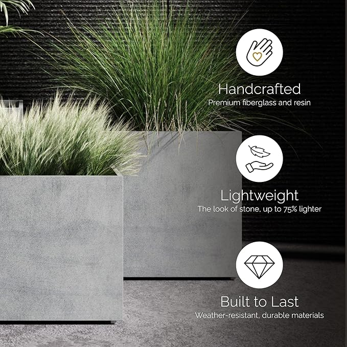 Reglito Cube Planter – Fiberglass Indoor/Outdoor and Weather-Resistant Large Planter (Sand Stone, 39.4" L x 39.4" W x 40" H)