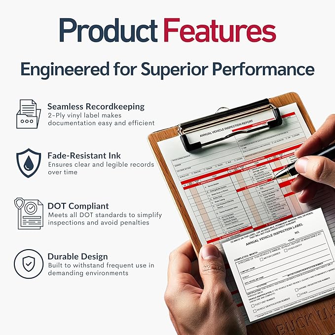 5 Pack Buck Annual Vehicle Inspection Label, 2-Ply Adhesive Vinyl with Mylar Laminate, FMCSA & DOT Compliant, Weatherproof, Tear Resistant, Easy to Write On, 5" x 4" - Made in USA