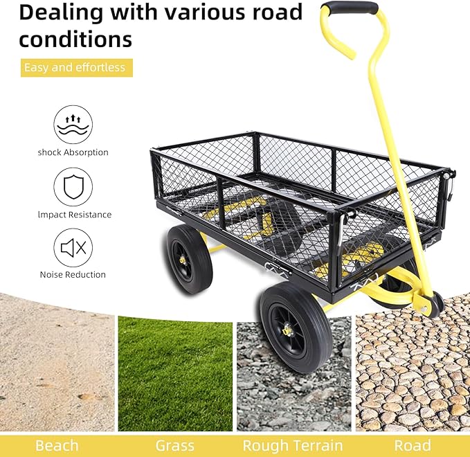 Heavy Duty 480 Lbs Capacity Mesh Steel Garden Cart Folding Utility Wagon with Removable Sides (Black+Yellow)